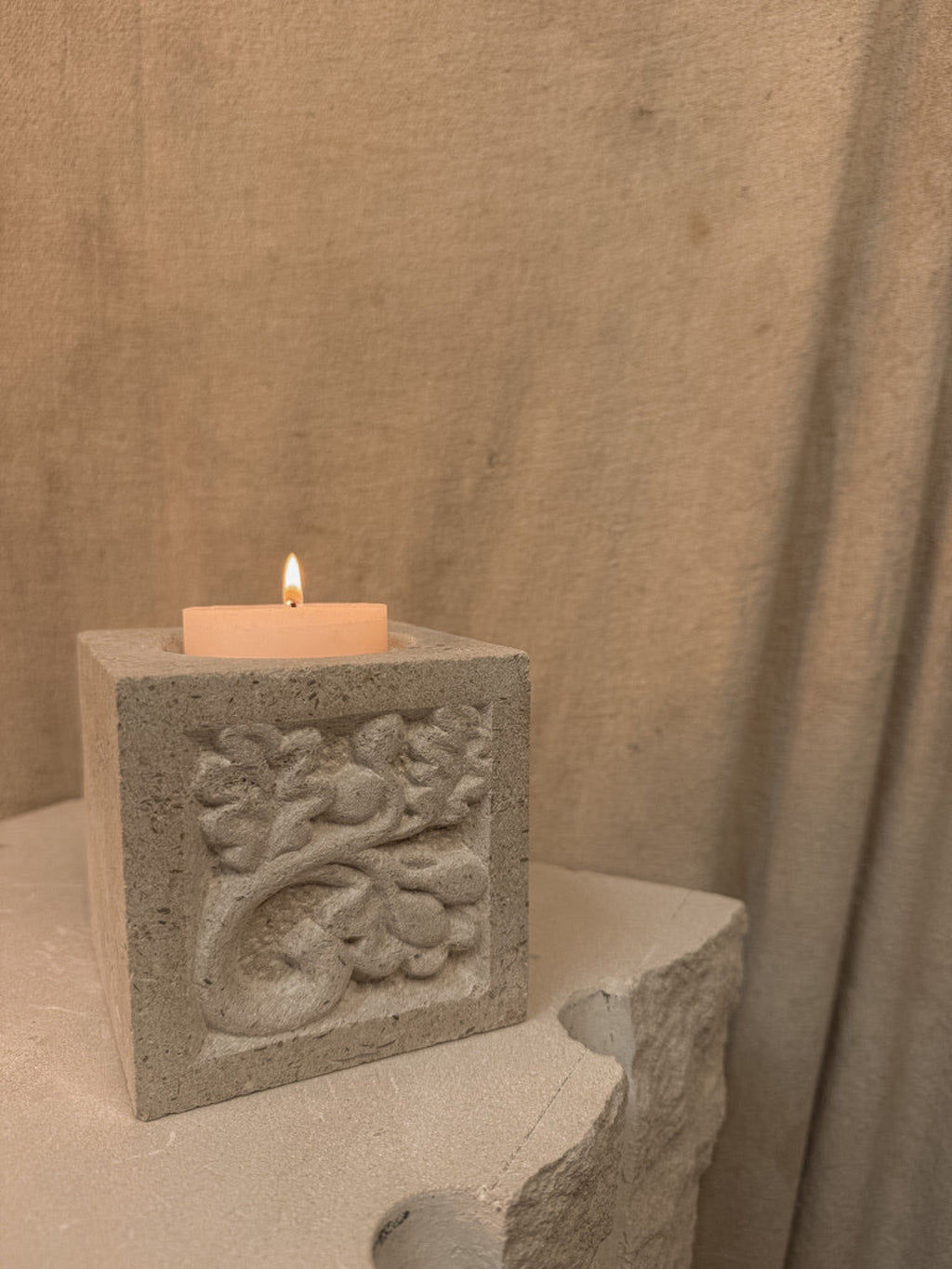 PORTLAND LIMESTONE OAK CANDLE HOLDER